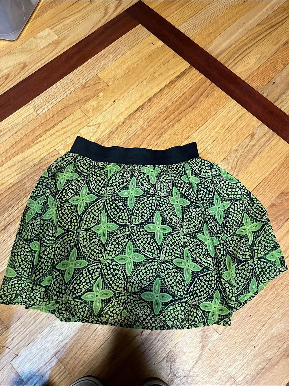 Green Patterned Womens Skirt with Black Waistband